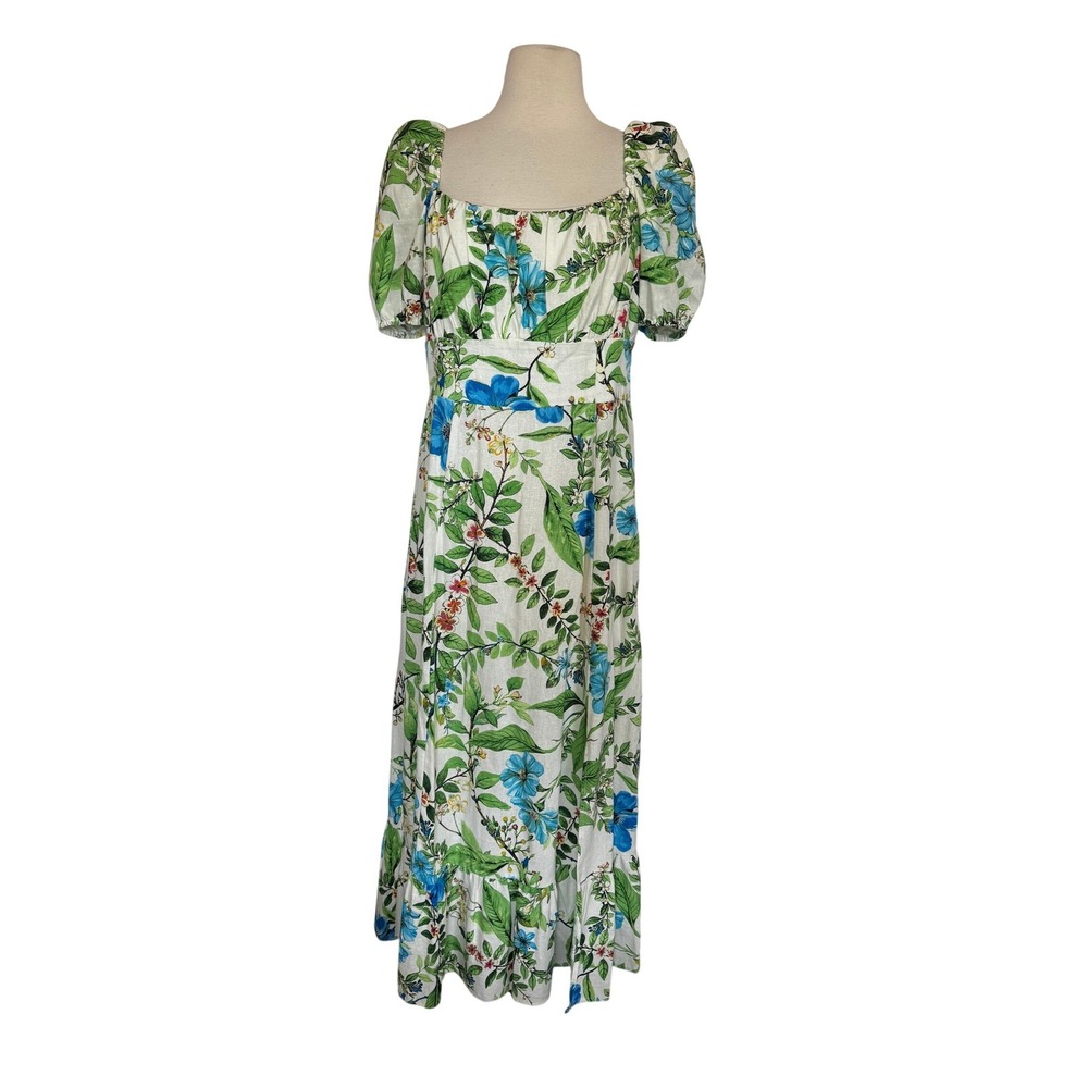 Floral Linen Blend Puff Sleeve Smocked Midi Dress Blue Green Slit Ruffle 10